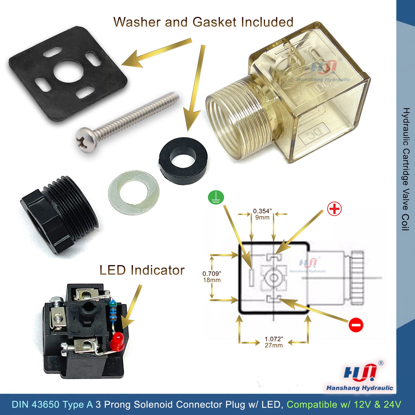 QY201-DC DIN 43650 Type-A 3 Prong Connector Plug with LED Indicator