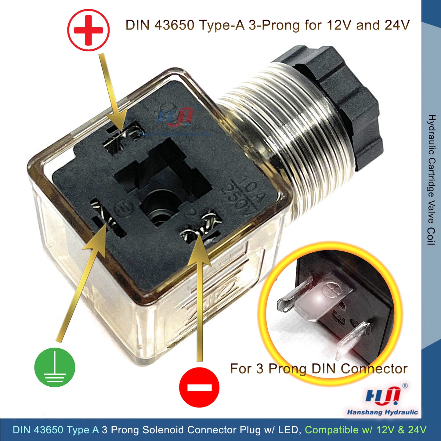 QY201-DC DIN 43650 Type-A 3 Prong Connector Plug with LED Indicator