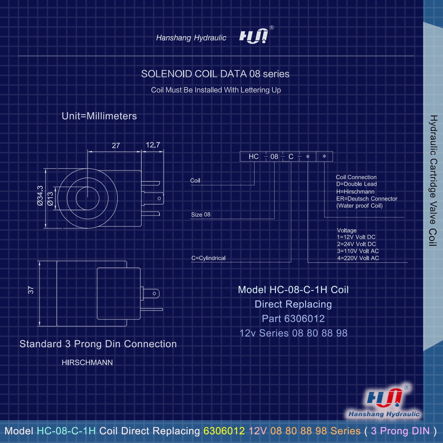 HC-08-C-1H Valve Coil - 3 Prong DIN Connector ( 6306012 )