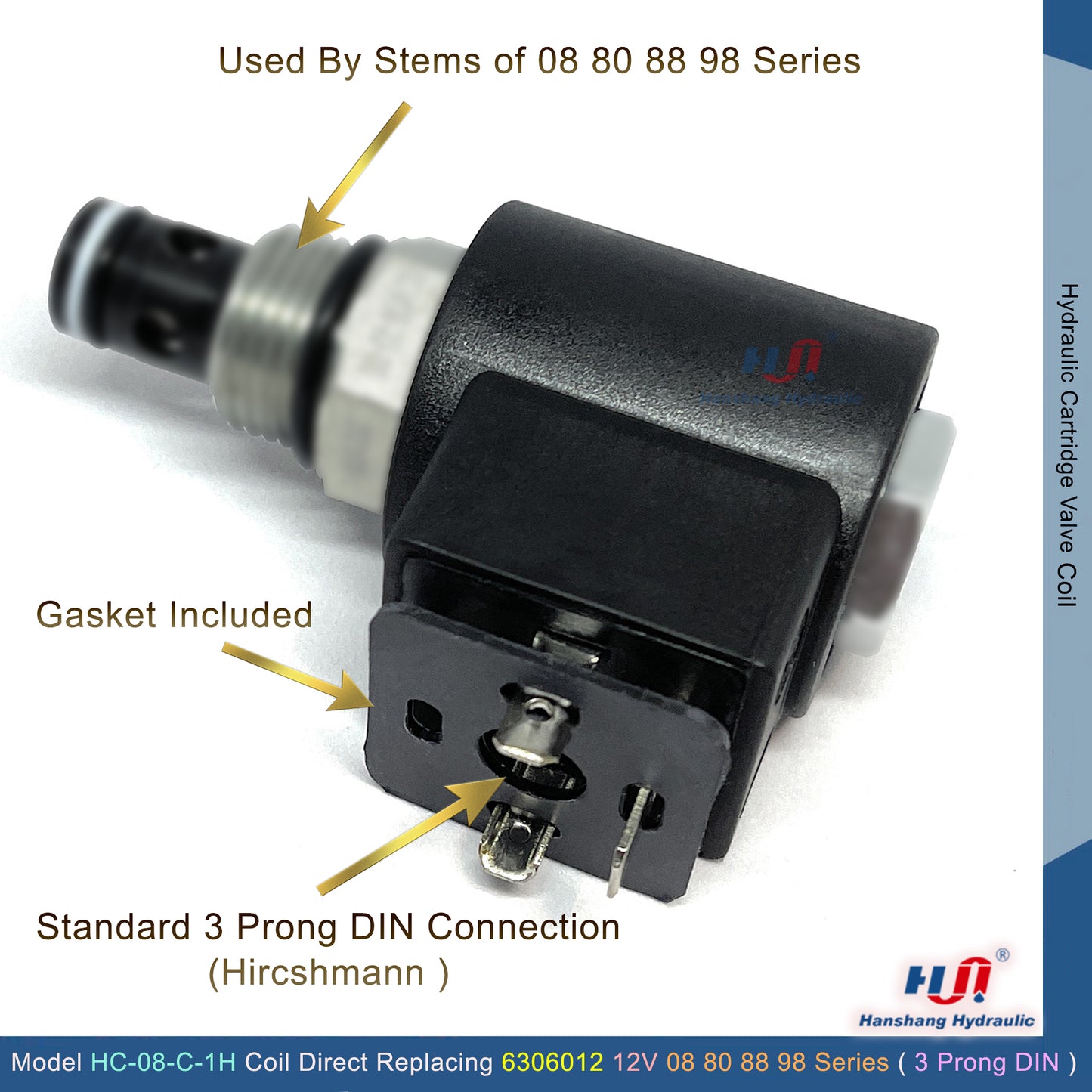 HC-08-C-1H Valve Coil - 3 Prong DIN Connector ( 6306012 )