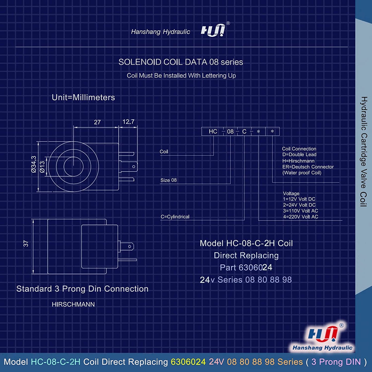 HC-08-C-2H Valve Coil - 3 Prong DIN Connector ( 6306024 )