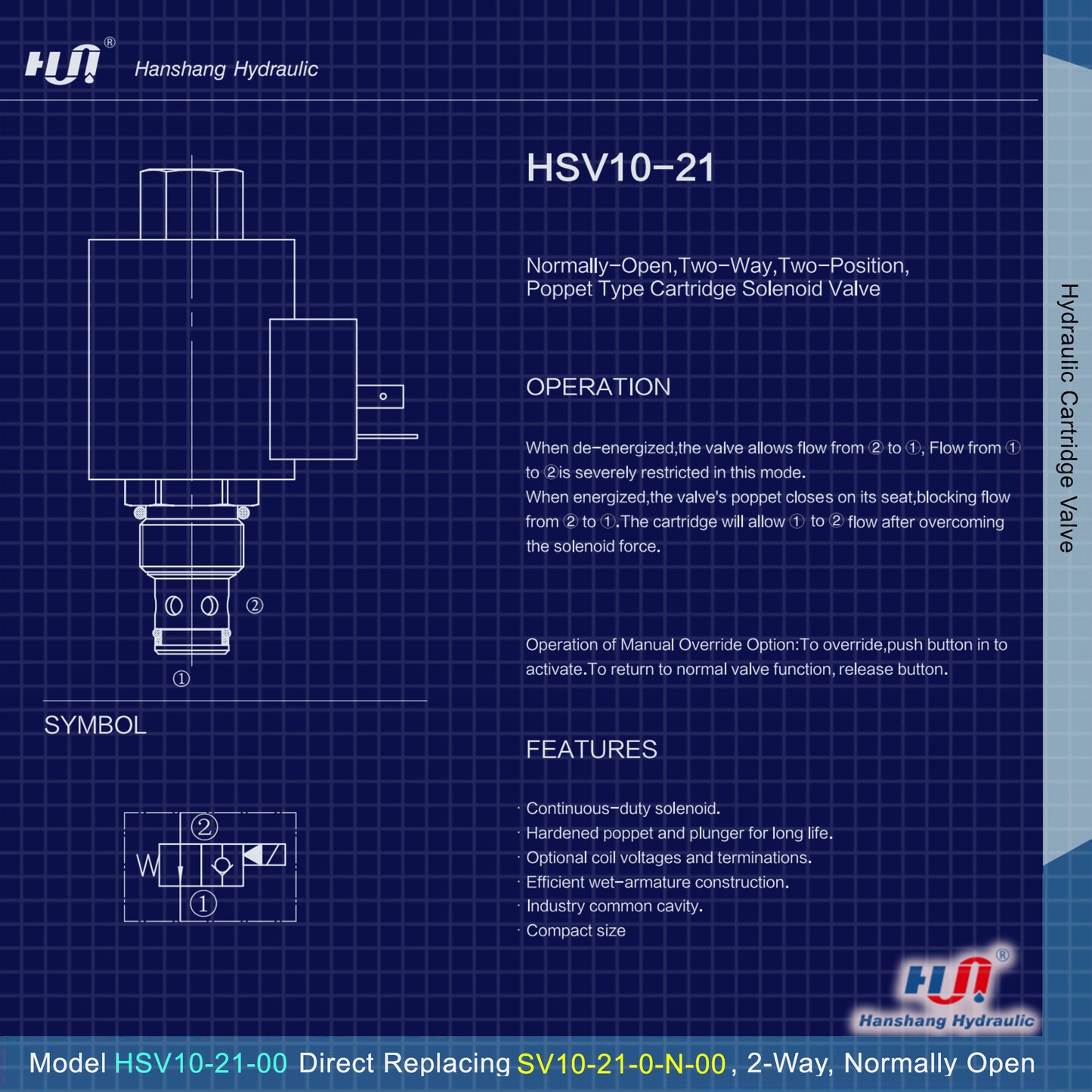 Válvula solenoide de cartucho HSV10-21-00 (reemplazo directo de Hydraforce SV10-21) 