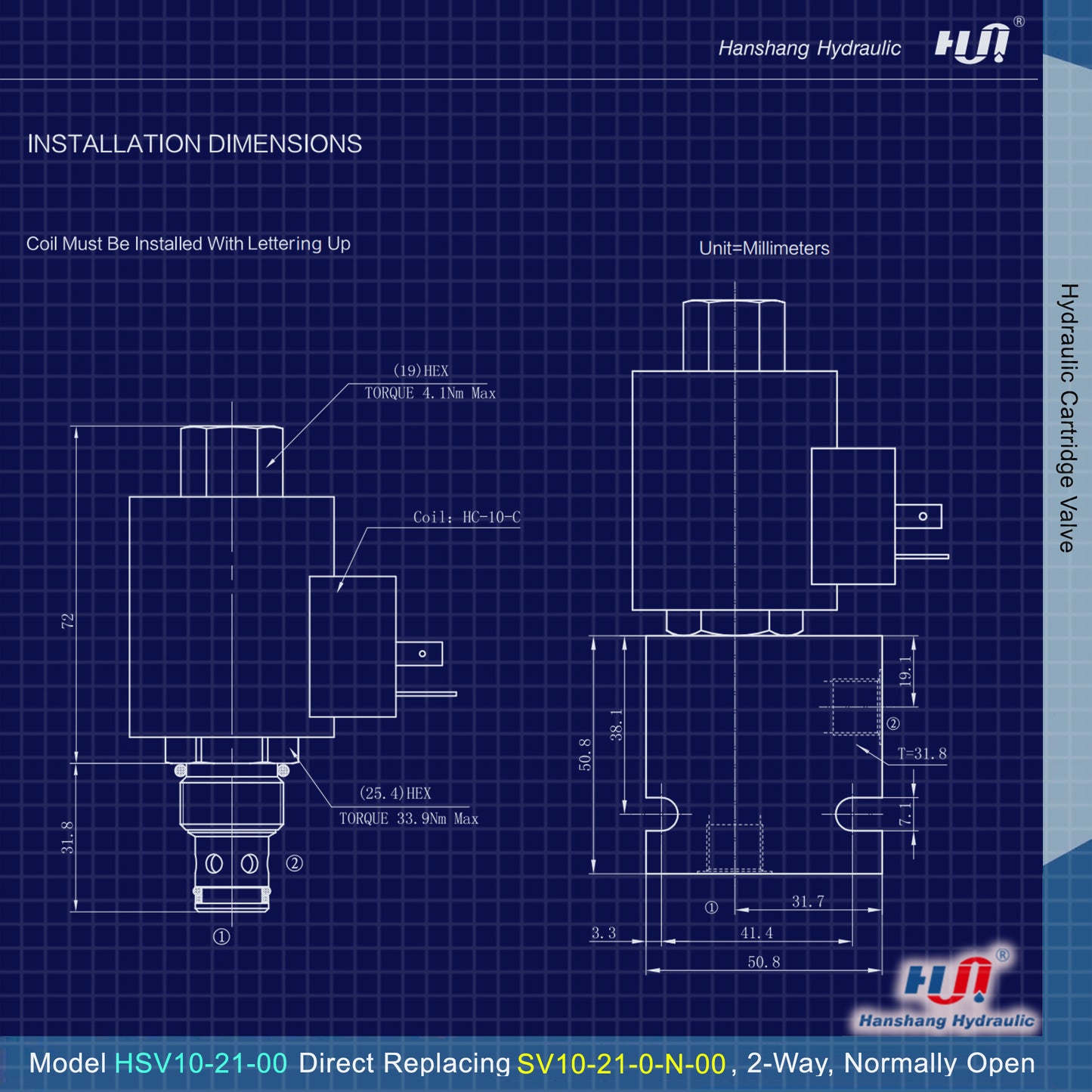 Válvula solenoide de cartucho HSV10-21-00 (reemplazo directo de Hydraforce SV10-21) 