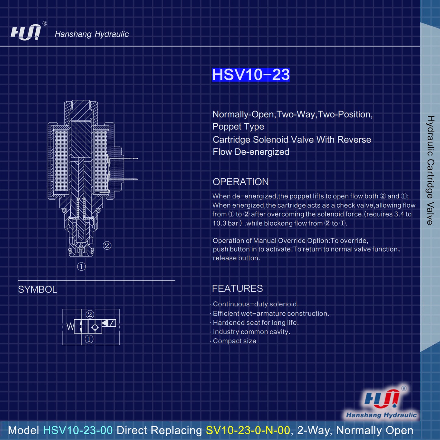 Válvula solenoide de cartucho HSV10-23-00 (reemplazo directo de Hydraforce SV10-23) 