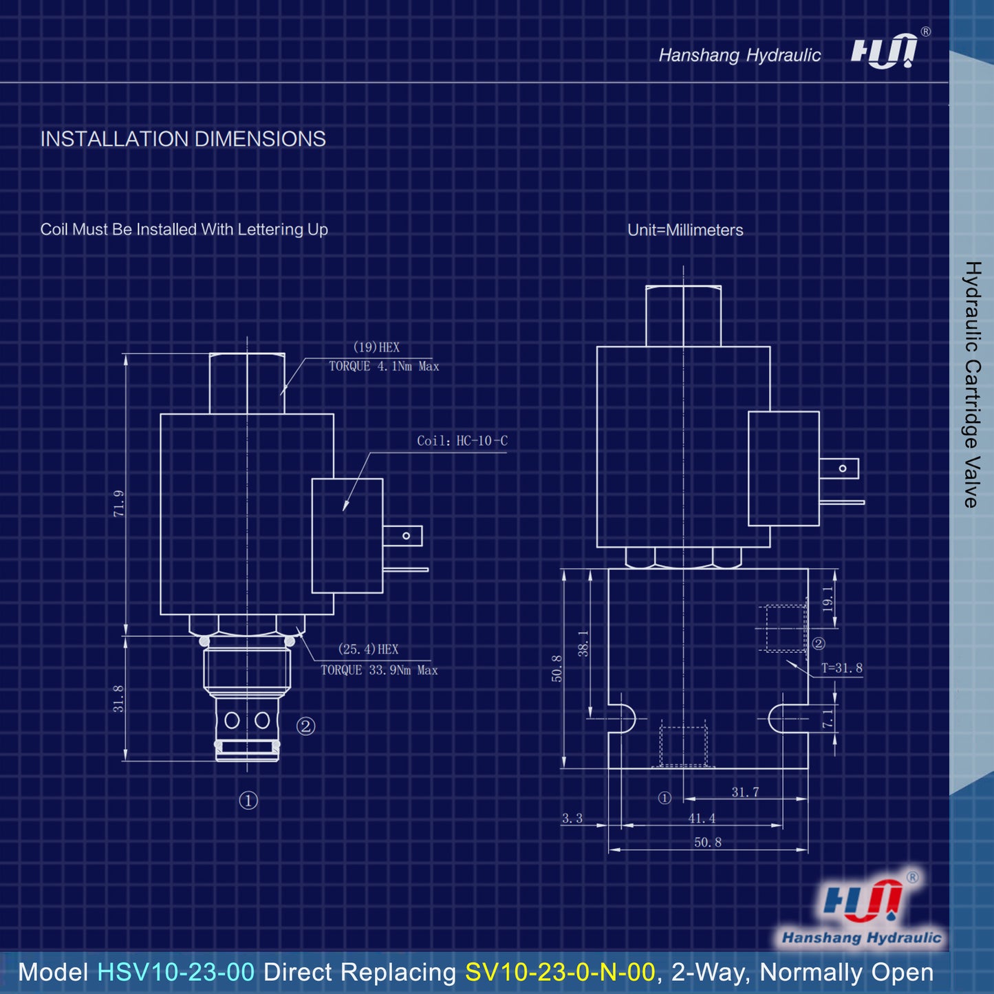 Válvula solenoide de cartucho HSV10-23-00 (reemplazo directo de Hydraforce SV10-23) 