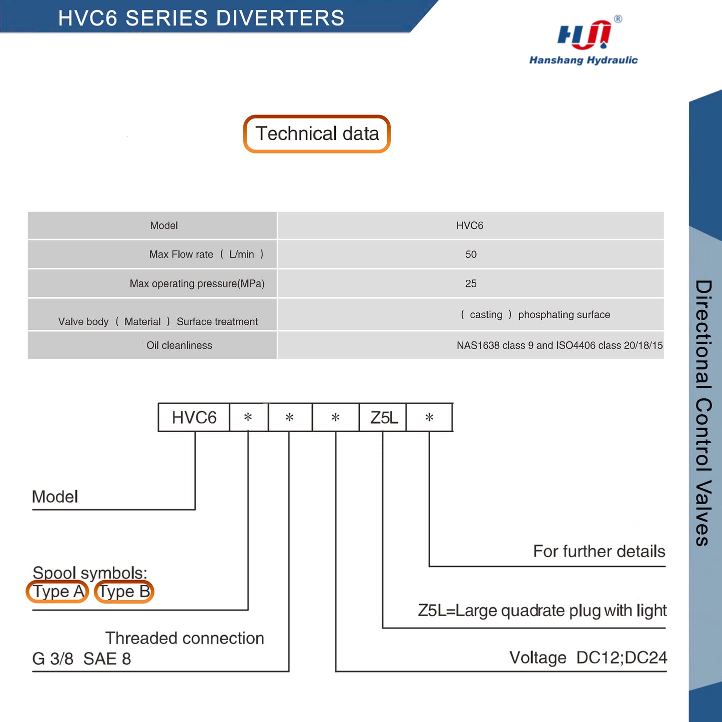 HVC6 SERIES DIRECTIONAL VALVE ( HVC6-SAE8-DC12-Z5L )