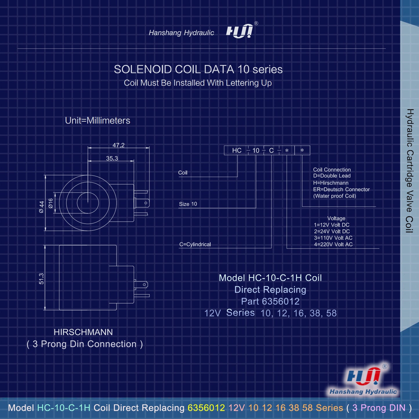 HC-10-C-1H Valve Coil - 3 Prong DIN Connector ( 6356012 )