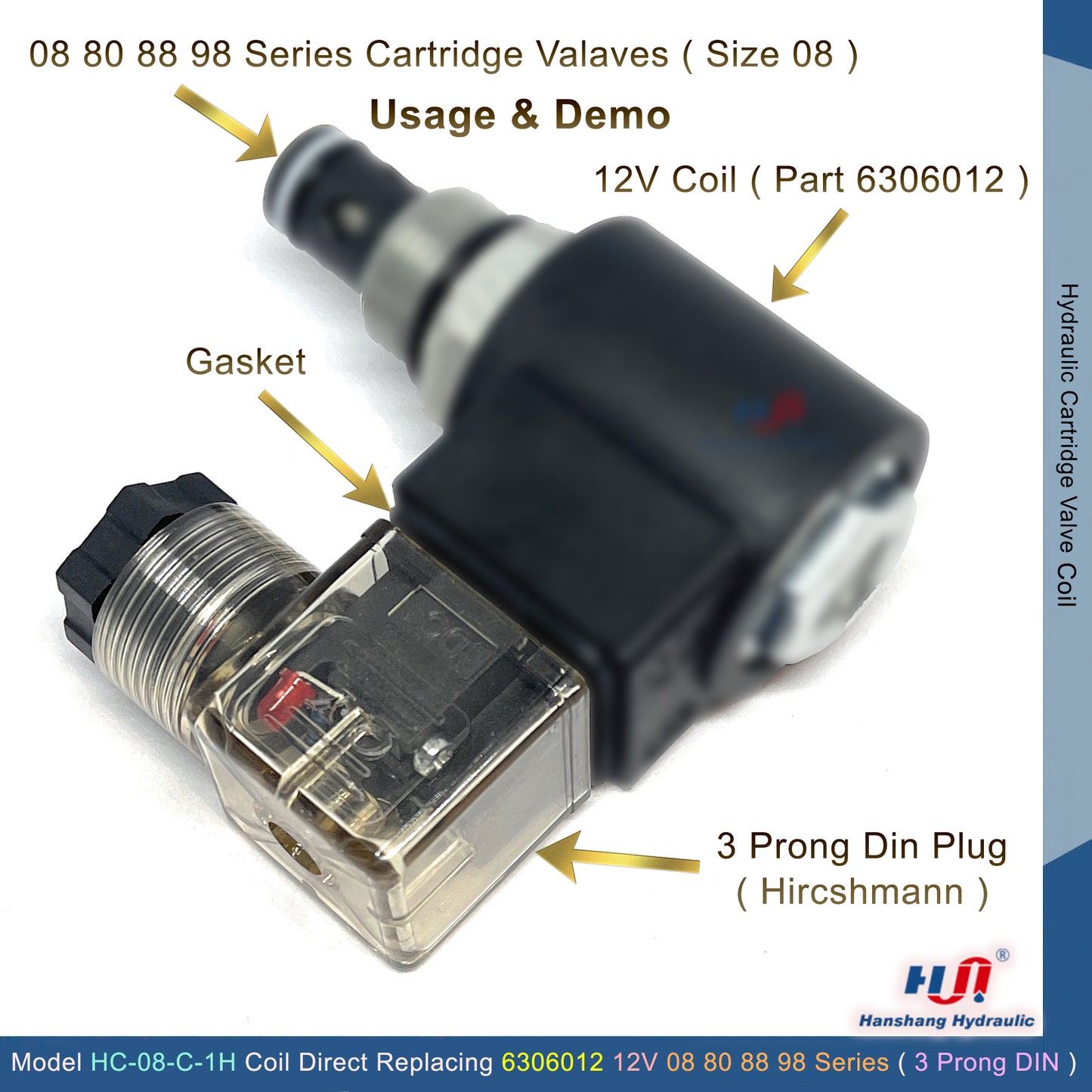 HC-08-C-1H Valve Coil - 3 Prong DIN Connector ( 6306012 )