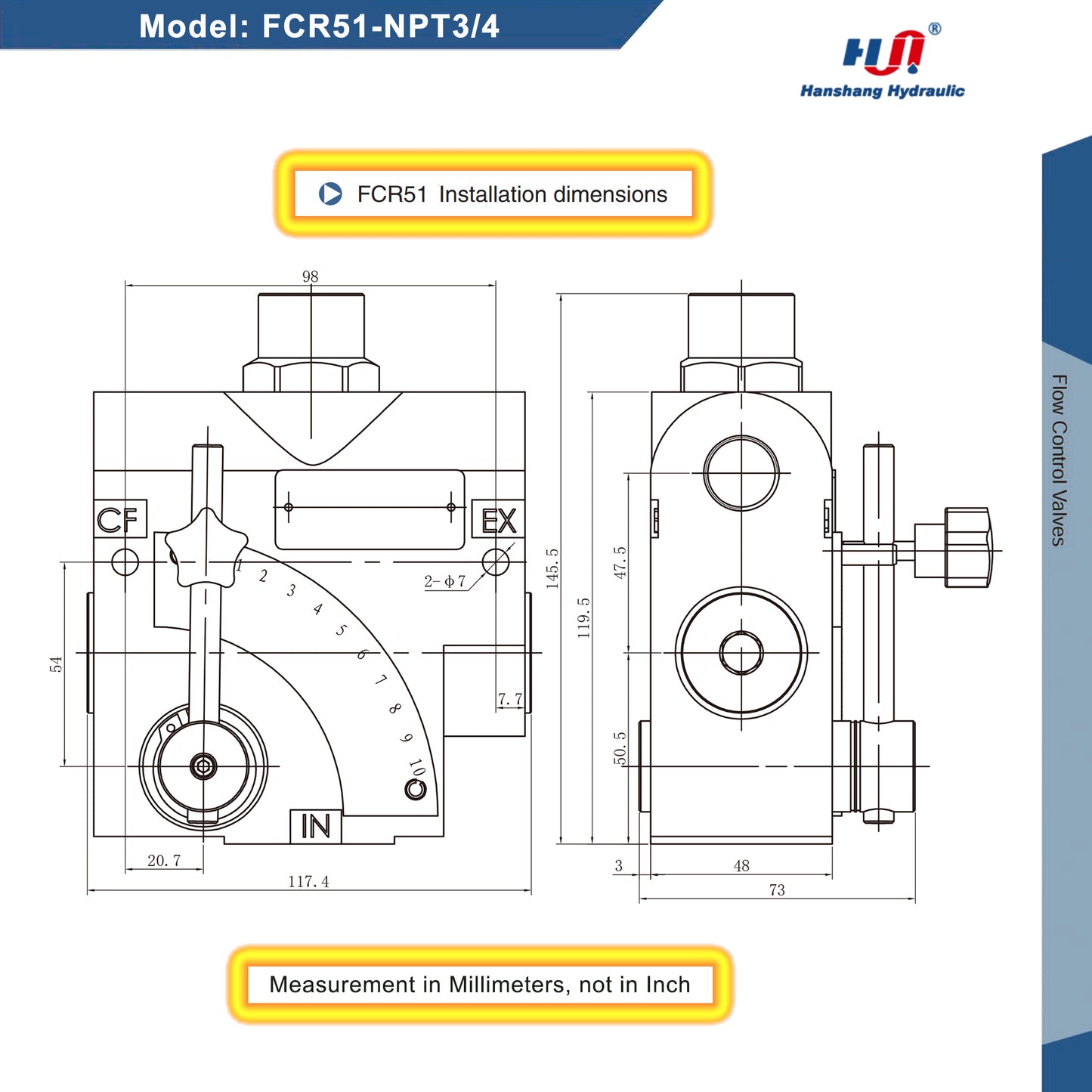 FCR51-NPT3/4 Hydraulic Adjustable Flow Directional Control Valve with Relief