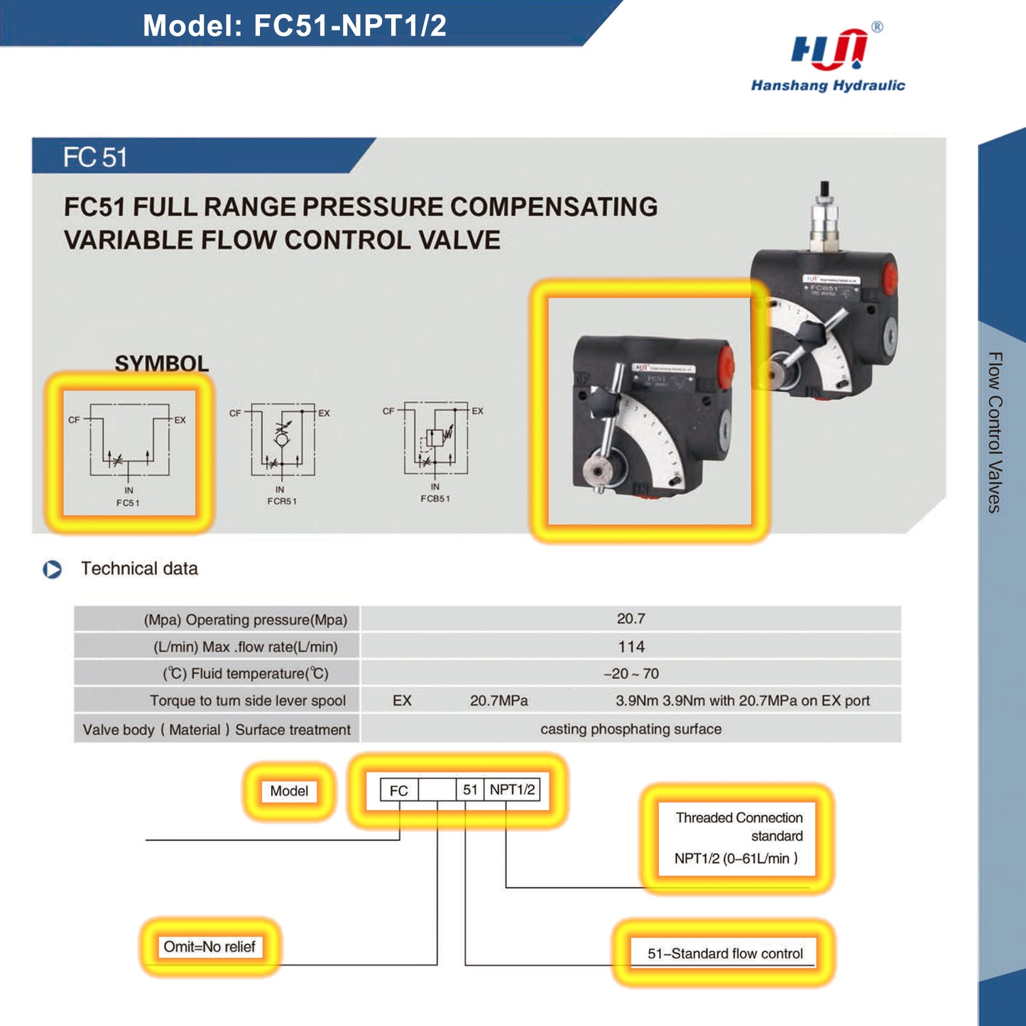 FC51-NPT1/2 Adjustable Flow Directional Control Valve